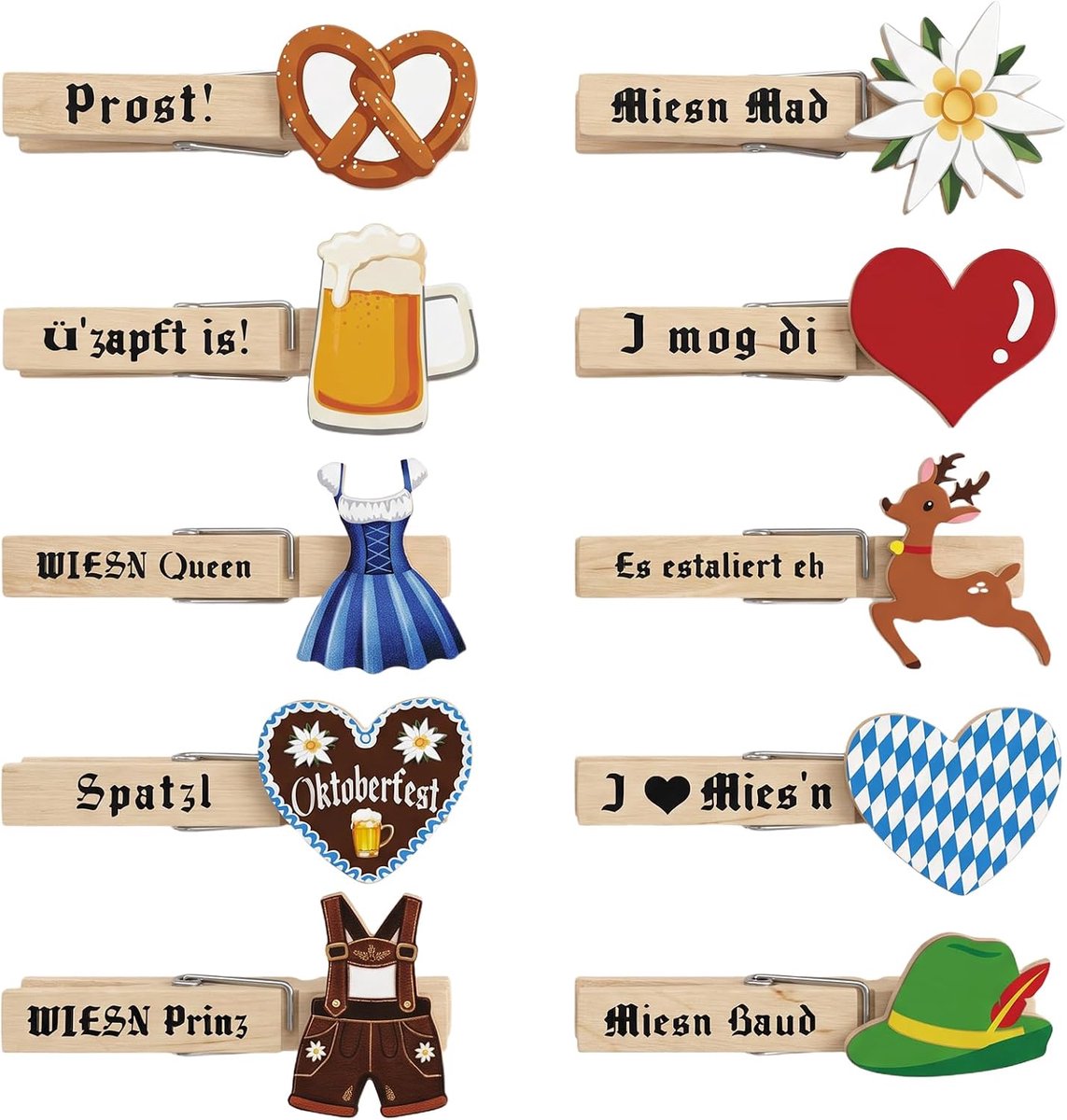 Houten wasknijpers 10 stuks - Oktoberfest motieven - Beierse decoratie - Perfect voor feestversiering - SnelShoppen