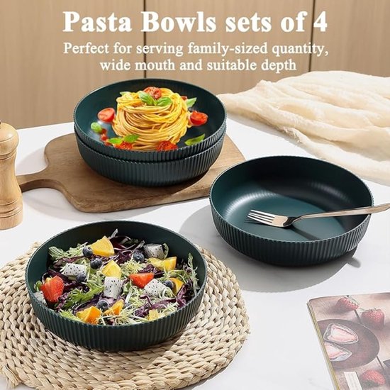 PromoHome Pasta Saladeborden Set van 4 - 1,1L Diepe Borden - Onbreekbaar Kunststof, Vaatwasserbestendig - voor Thuis, Restaurant, Camping en Picknick - Donkergroen — afbeelding 2