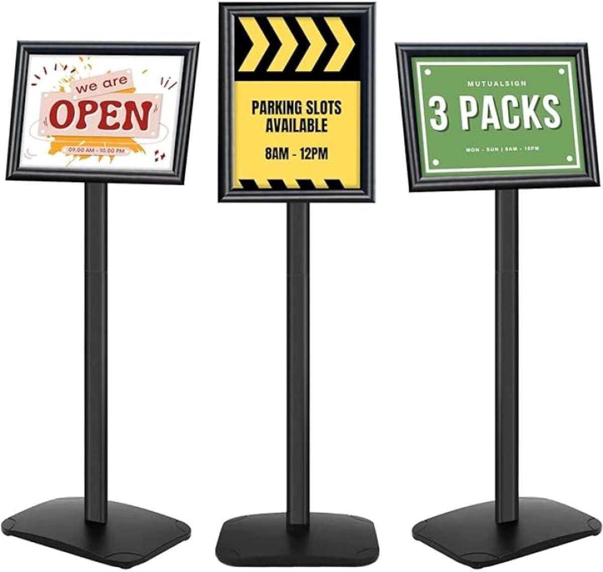 PromoHome Set van 3 - A4 displaystandaarden met verzwaarde basis - Robuuste paneelhouder voor binnen en buiten - Posterstandaard op voet voor menu, welkomstbord of display - Zwart