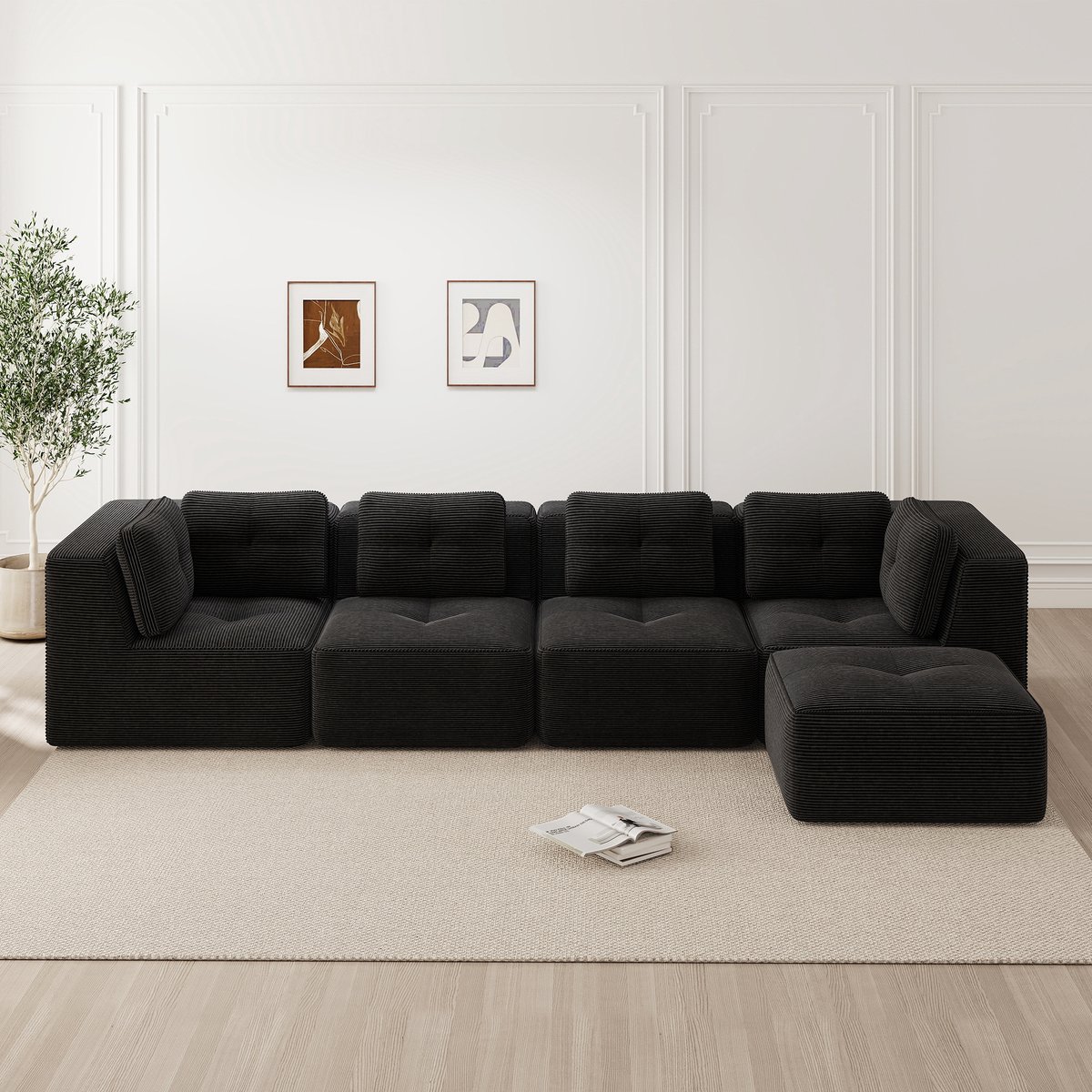 MEUNIQ modulaire hoekbank 4-zits 386 x 177 x 69 cm, diepe zit van 74 cm, zonder frame, zwarte ribstof, woonkamer, rechterhoek