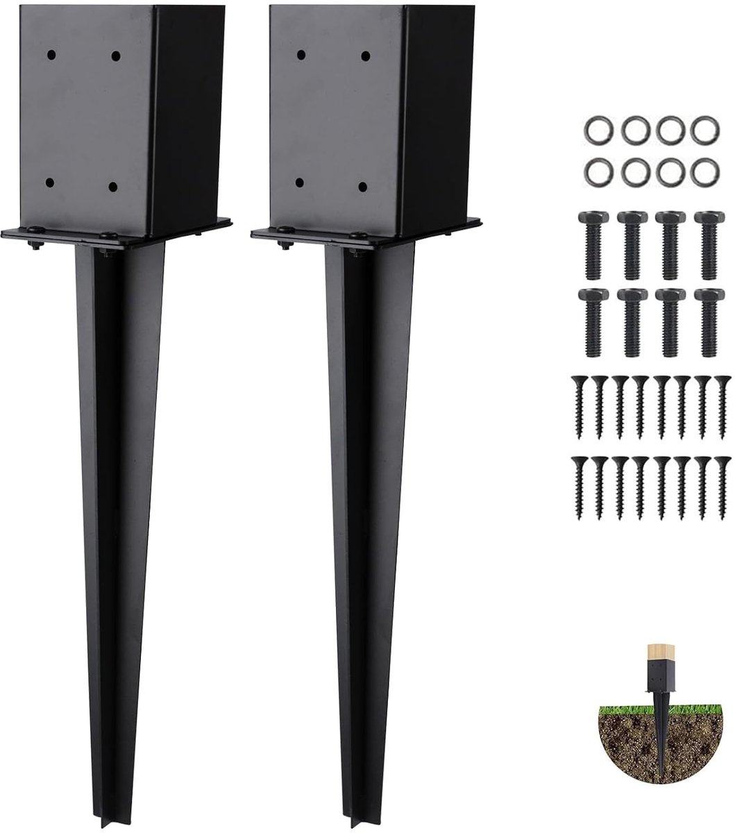 Fence Post Anchor Set 2 Stuks - Zwart Poedercoating - 56 cm Hoog - Duurzame Stabiliteit voor Tuin - ShopVlot