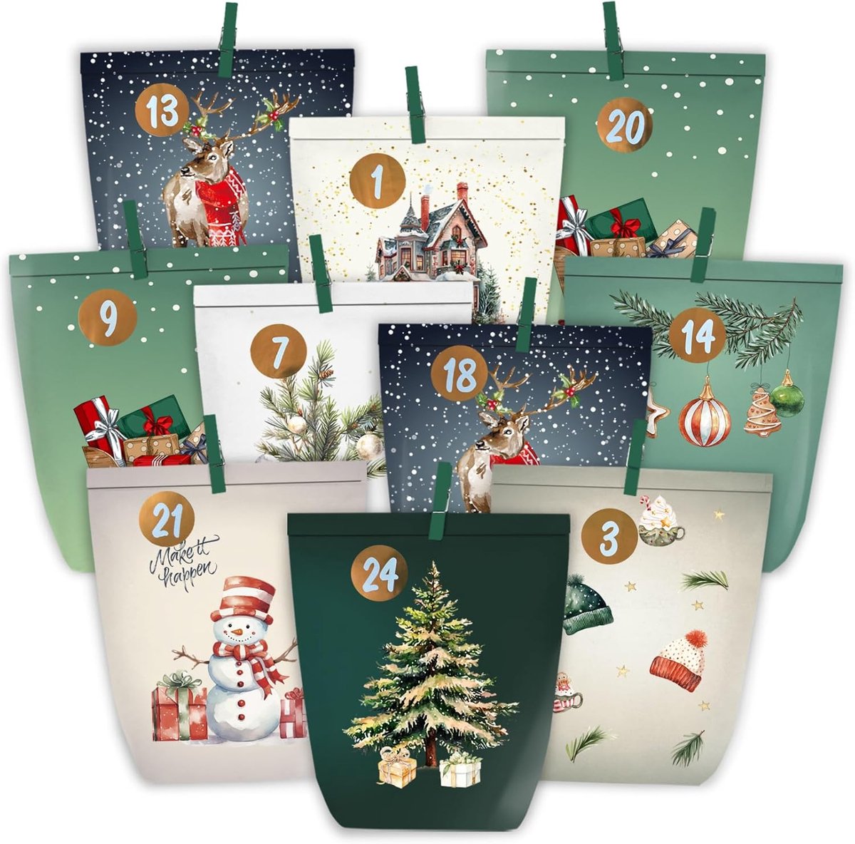 Adventskalender vullen - 24 gekleurde kraftpapier tassen - met houten clips en stickers - creatieve kerstdecoratie - ShopVlot