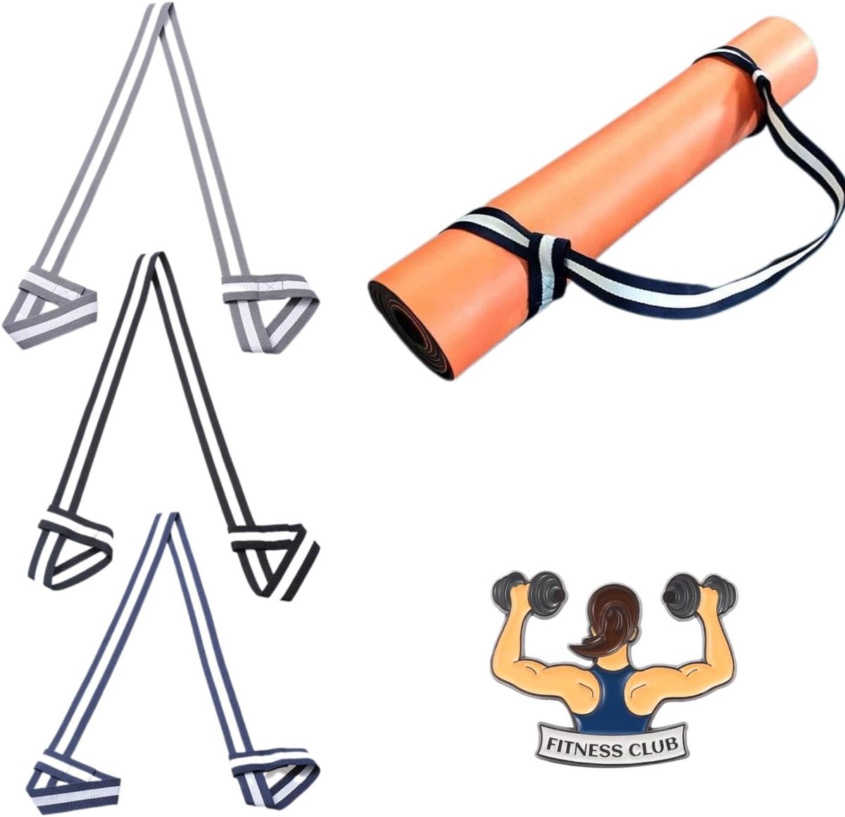 Yoga mat straps set - grijs-wit, blauw-wit, zwart-wit - met pin - ideaal voor fitness - ShopVlot
