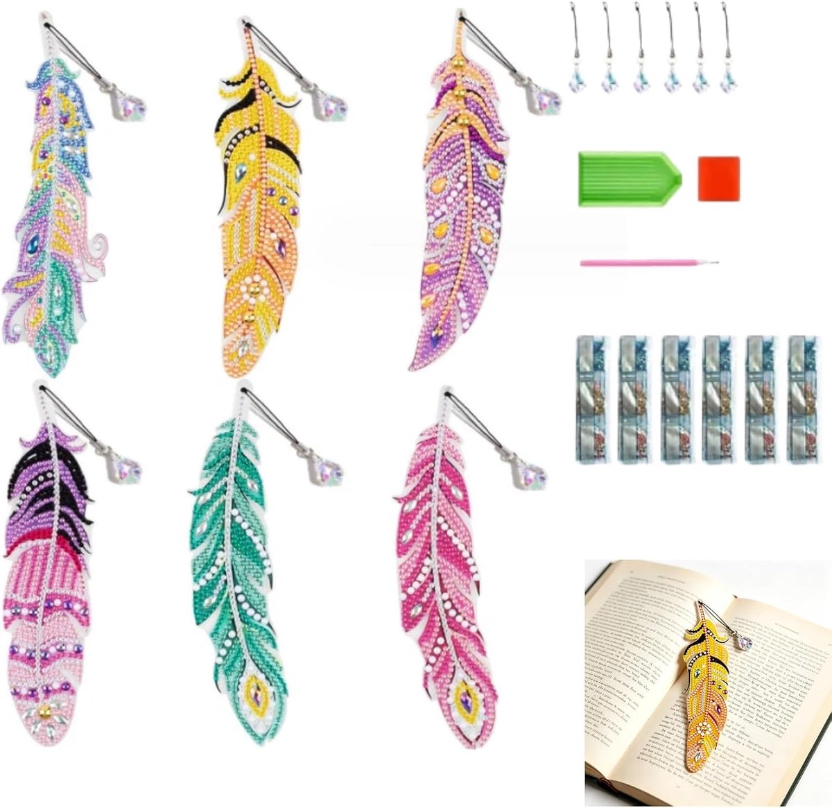Diamant schilderij bladwijzer set - 6 stuks met verenmotief - inclusief gereedschap - perfect voor creatieve projecten - ShopVlot