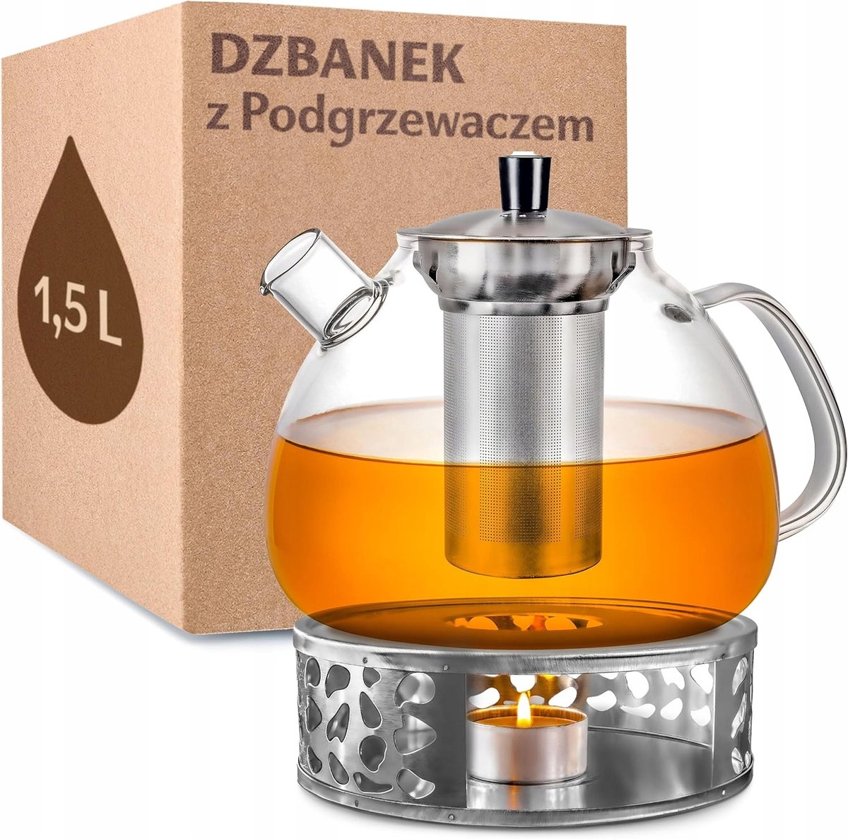Merkloos Glazen theepot met warmhoudplaat, 1.5L, voor losse thee