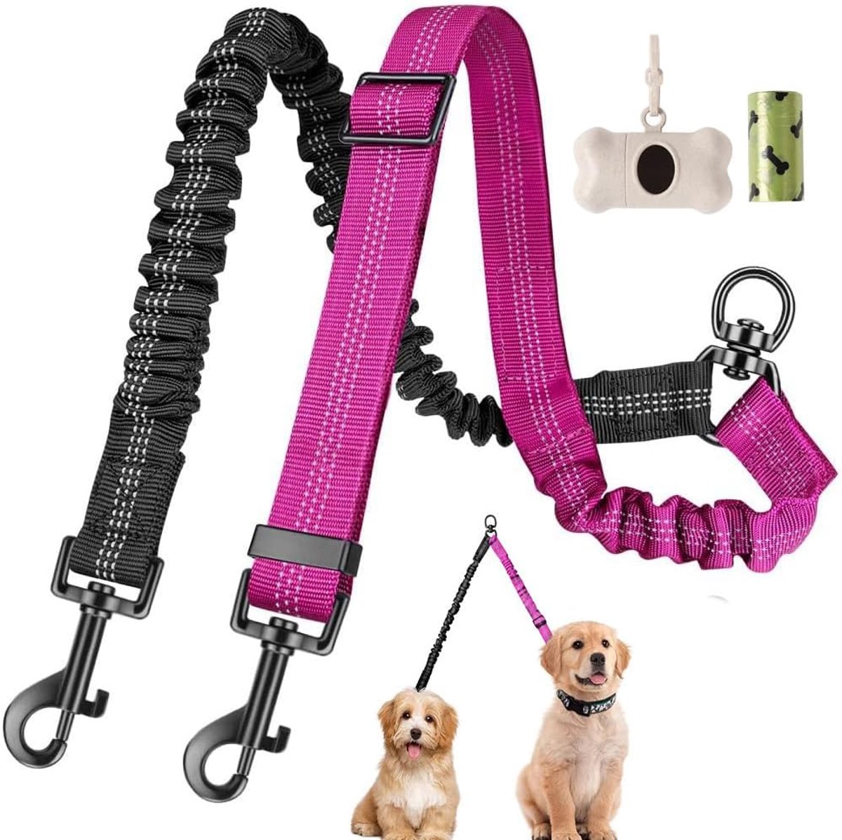 Dubbele hondenriem met opbergdoos - 360 graden draaibaar - reflecterend - ideaal voor 2 honden - ShopVlot