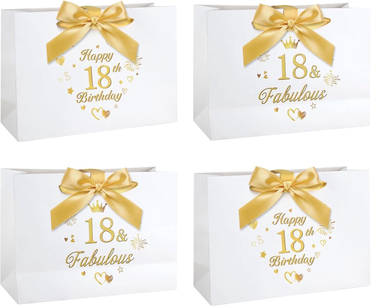 Cadeauzakken 18e verjaardag - 4-delige set - wit met goud - grote geschenkzakken - ShopVlot