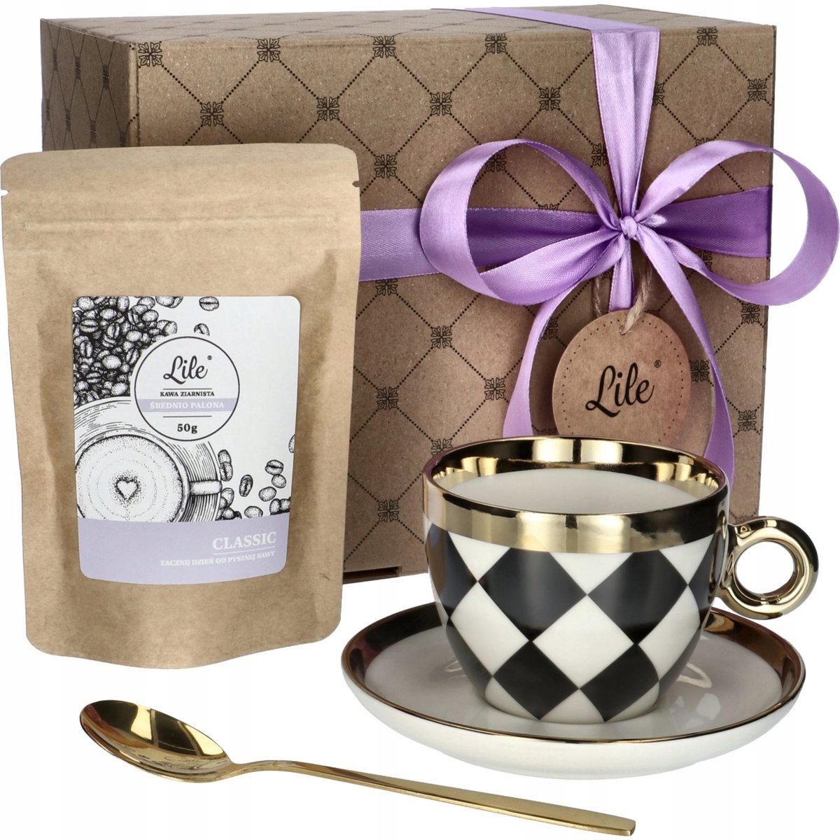 Merkloos Koffie- en theeservies: Mok met schotel & koffie, 195ml, goudaccent