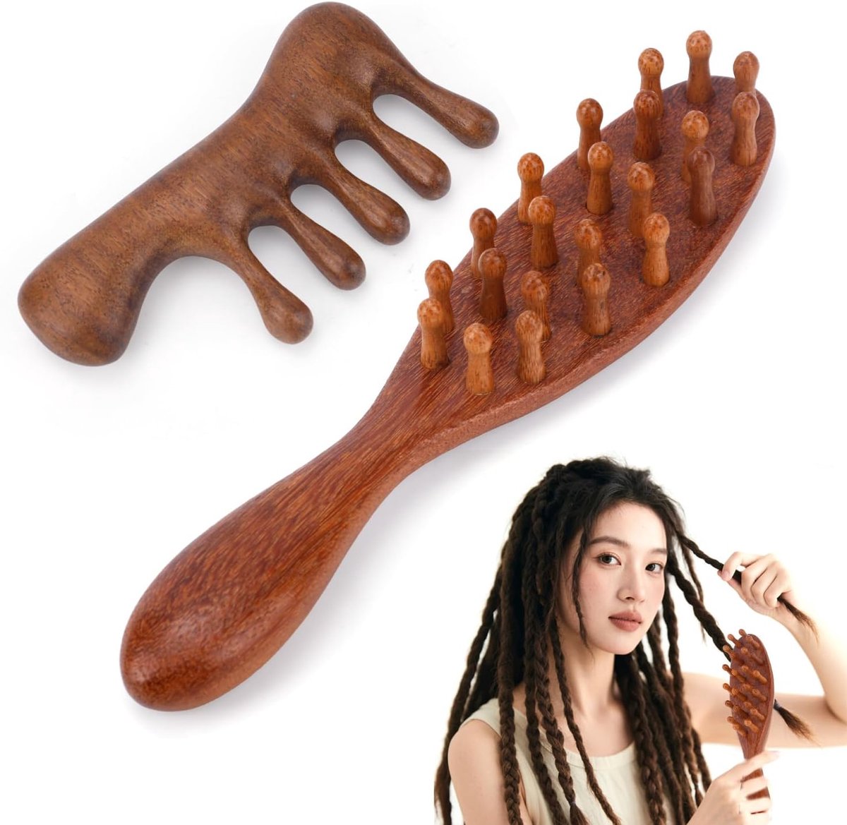 Loc Kammen Set - Dreadlock Tools - Haarverzorging Styling - Hoofdhuid Massage - 2 Stuks - Houtkleur