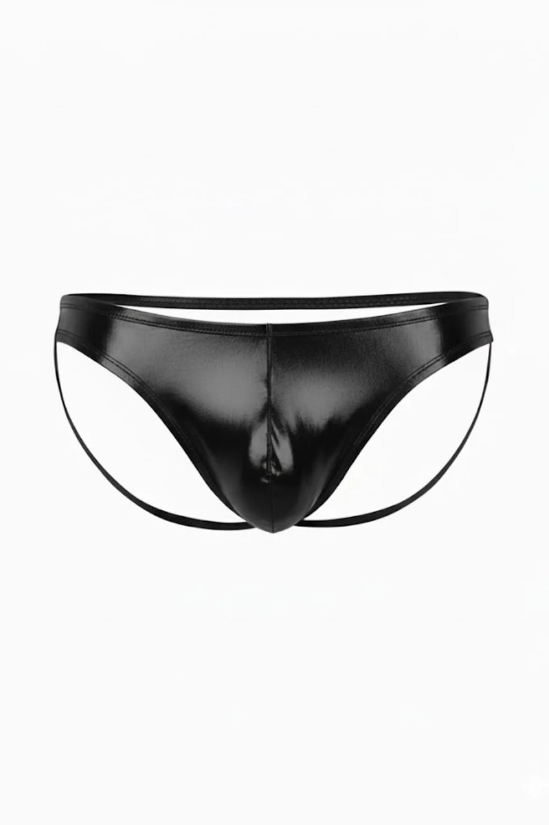 Zwarte Jockstrap met Open Rug Design Glanzend Kunstleder Elastische Pasvorm XS-XL