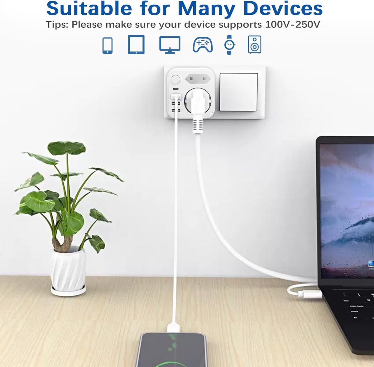 Meerdere stopcontacten met USB - 6-in-1 stekkerdoos - veilig en gebruiksvriendelijk - ideaal voor thuis en onderweg - ShopVlot