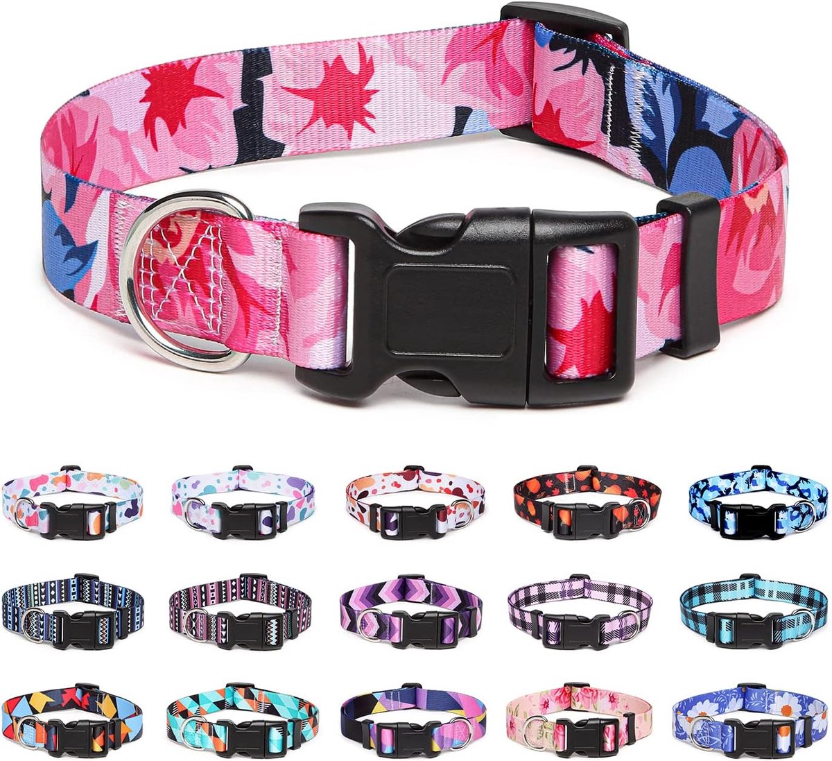 Hondenhalsband verstelbaar L - nylon - roze bloemen - stijlvol en comfortabel - SnelShoppen