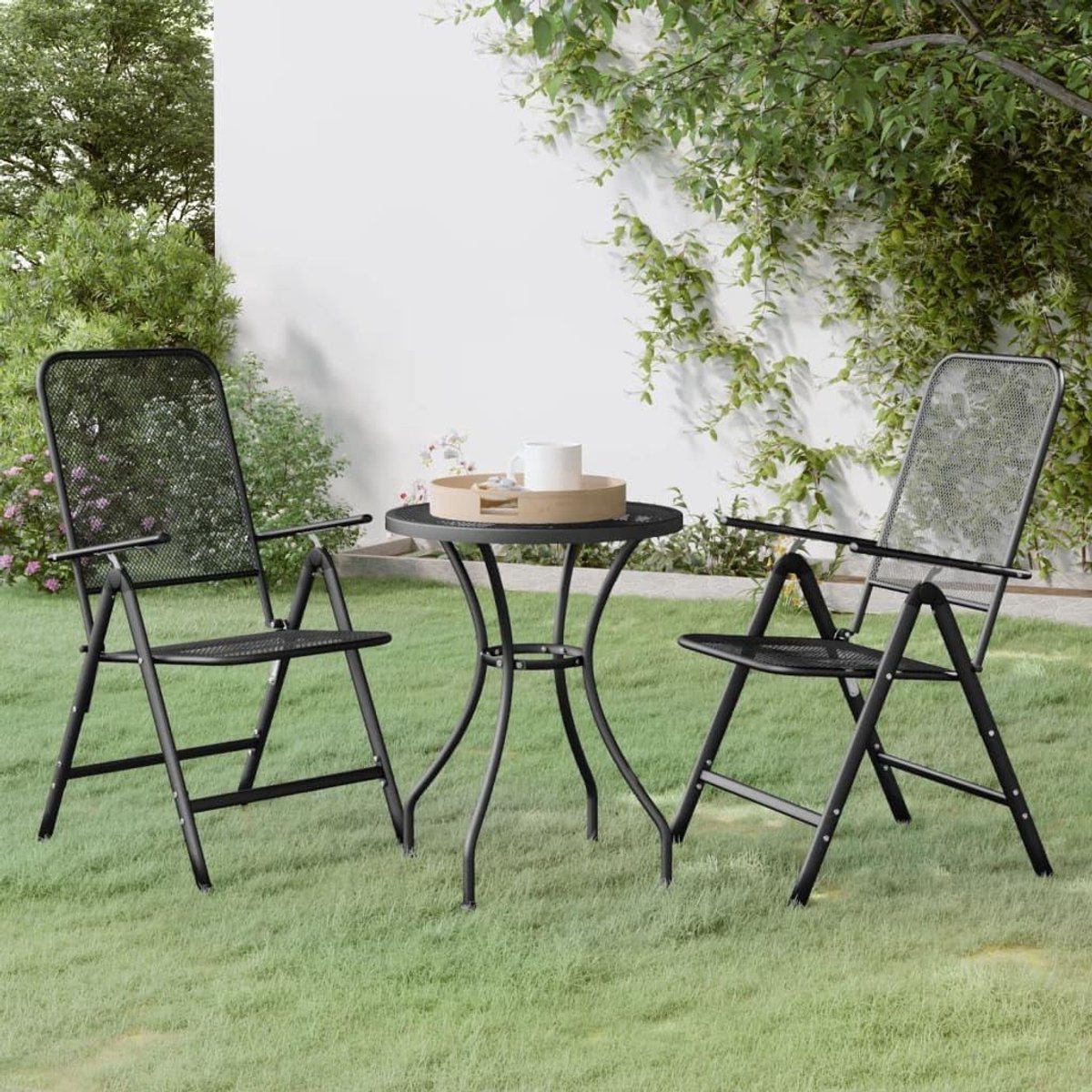 Tuinmeubelen Set - Terrasmeubilair Buitenmeubels - Buiten Dineren - Roosterpatroon Metaal - 3-delig - Antraciet