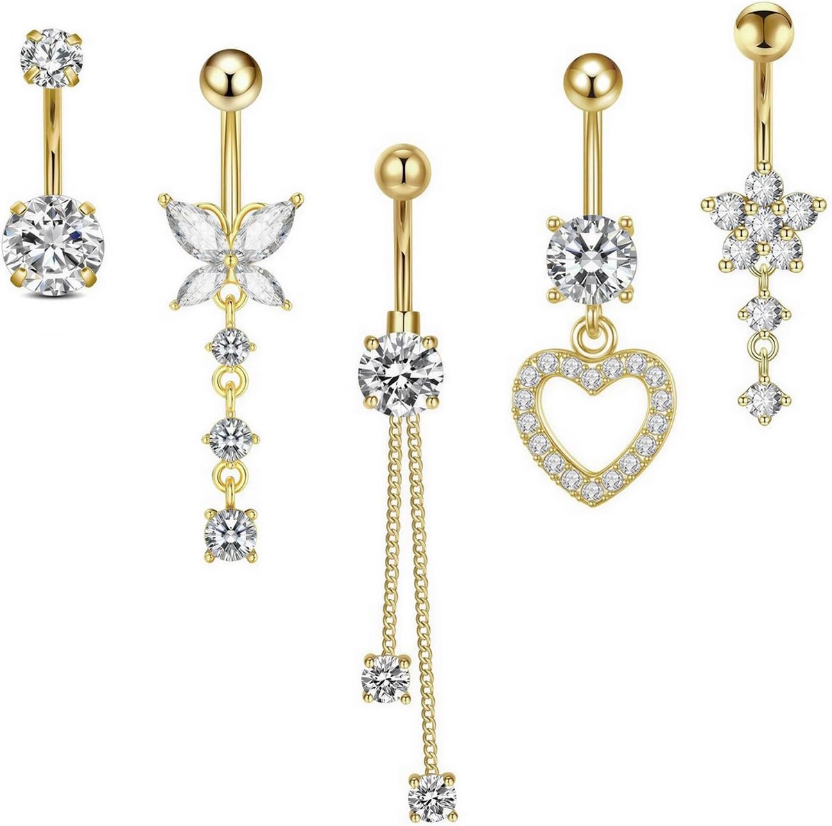 5-delige navelpiercingset goud - navelbarren met hart en vlinder - kristallen hangers - stijlvol en uniek - SnelShoppen