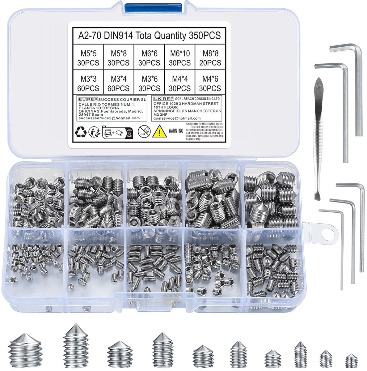 Conische Bolkop Schroeven Set 350-delig - M3/M4/M5/M6/M8 - RVS - Inclusief 5 Hex Sleutels - SnelShoppen