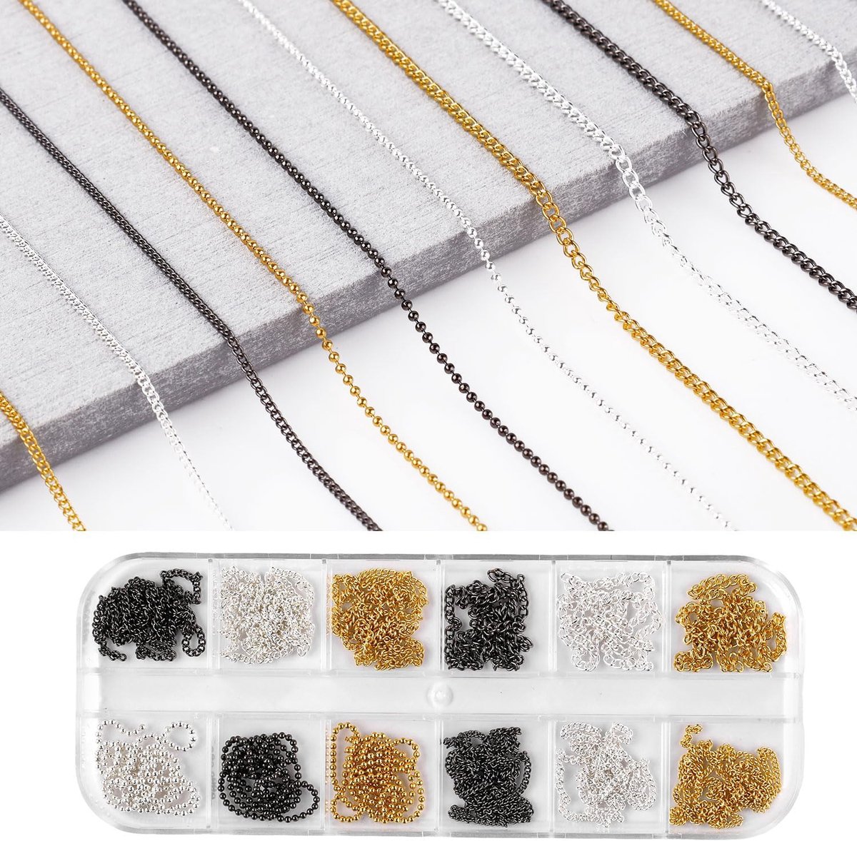 Nail Art Kettingen - 12 Strips Metaal - Goud, Zilver & Zwart - Voor Creatieve Nagelontwerpen - SnelShoppen