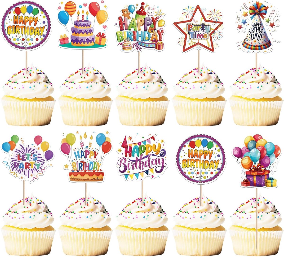 Cupcake-toppers 36 stuks - kleurrijke ballonnen en sterren - duurzame taartdecoratie - voor verjaardagspartijen - SnelShoppen