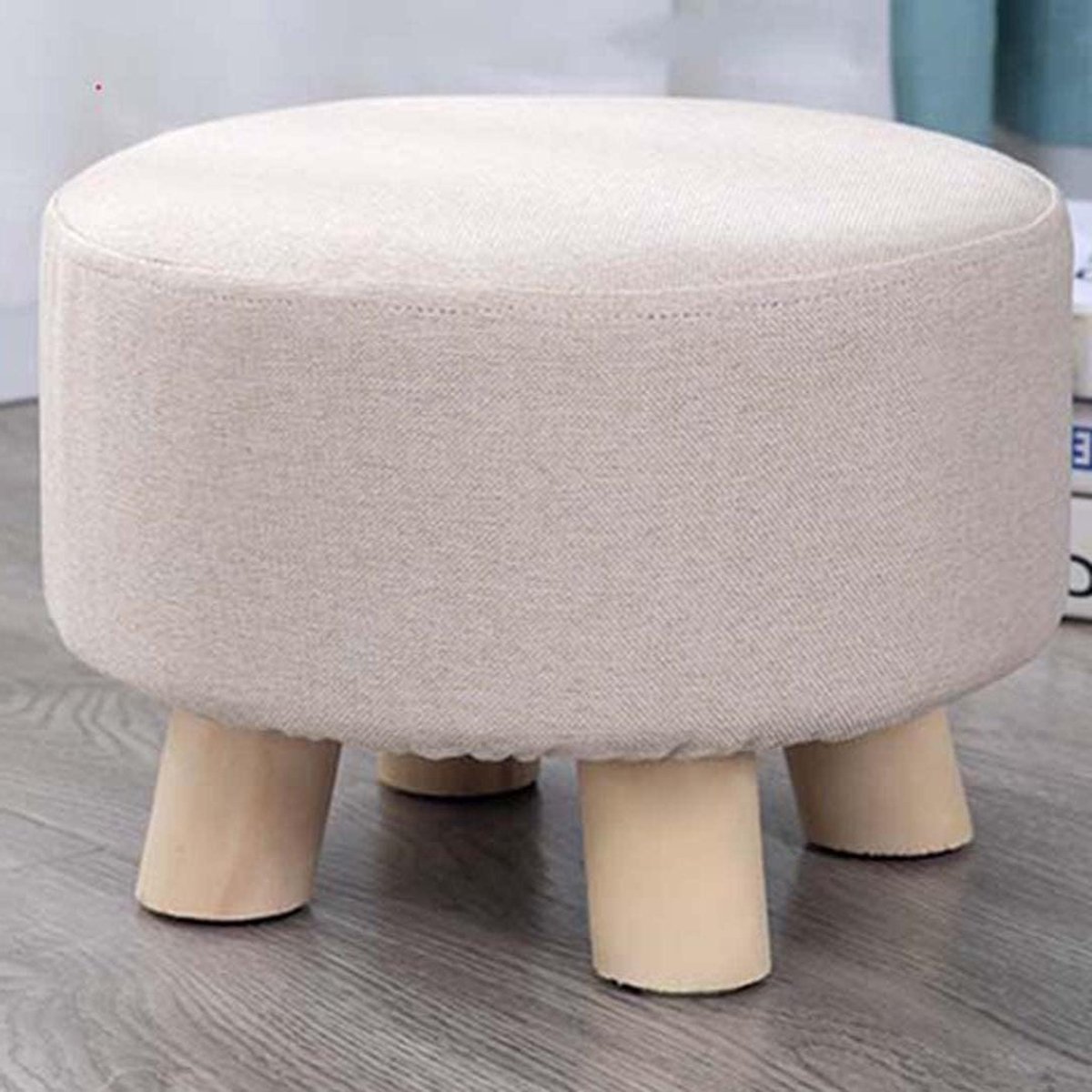 Ronde Houten Voetenbank - Ottomaanse Kruk Voetsteun - Ontspannen Zitten - Antislip Rubberen Voetjes - 28 x 20 cm - Beige