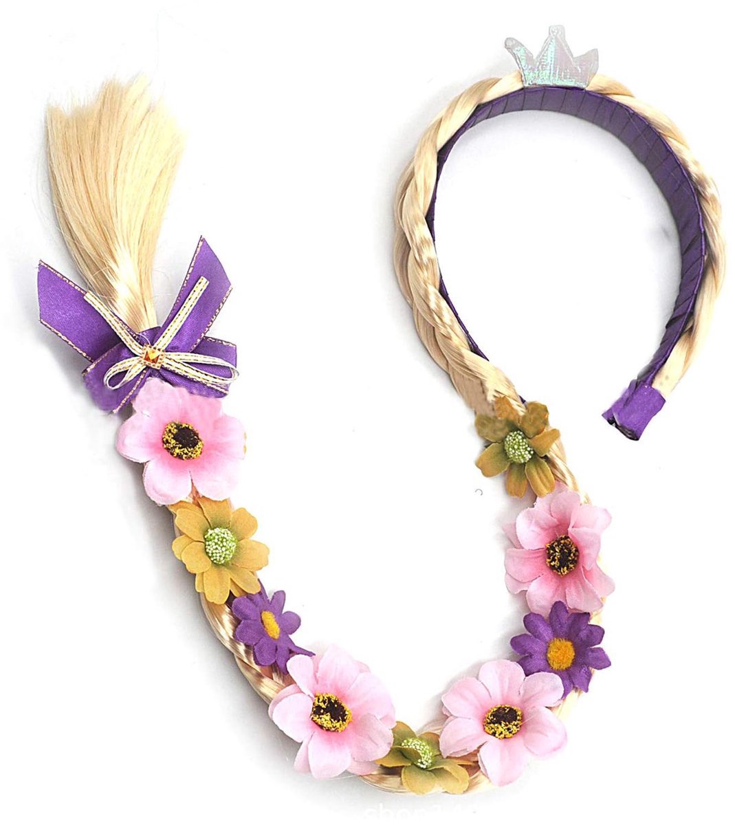 Casalora Lange Blonde Vlecht - Prinses Haarband - Rapunzel Prinses Verkleedkleding met Vlecht en bloemen - Carnavalskleding Meisjes