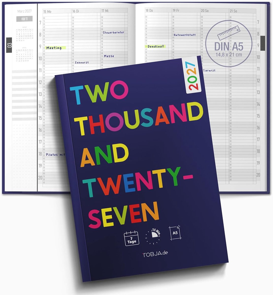 Praktijkplanner A5 2027 - kleurrijk design - 15 minuten takt 7-21 uur - ideale agenda voor salons - ShopVlot