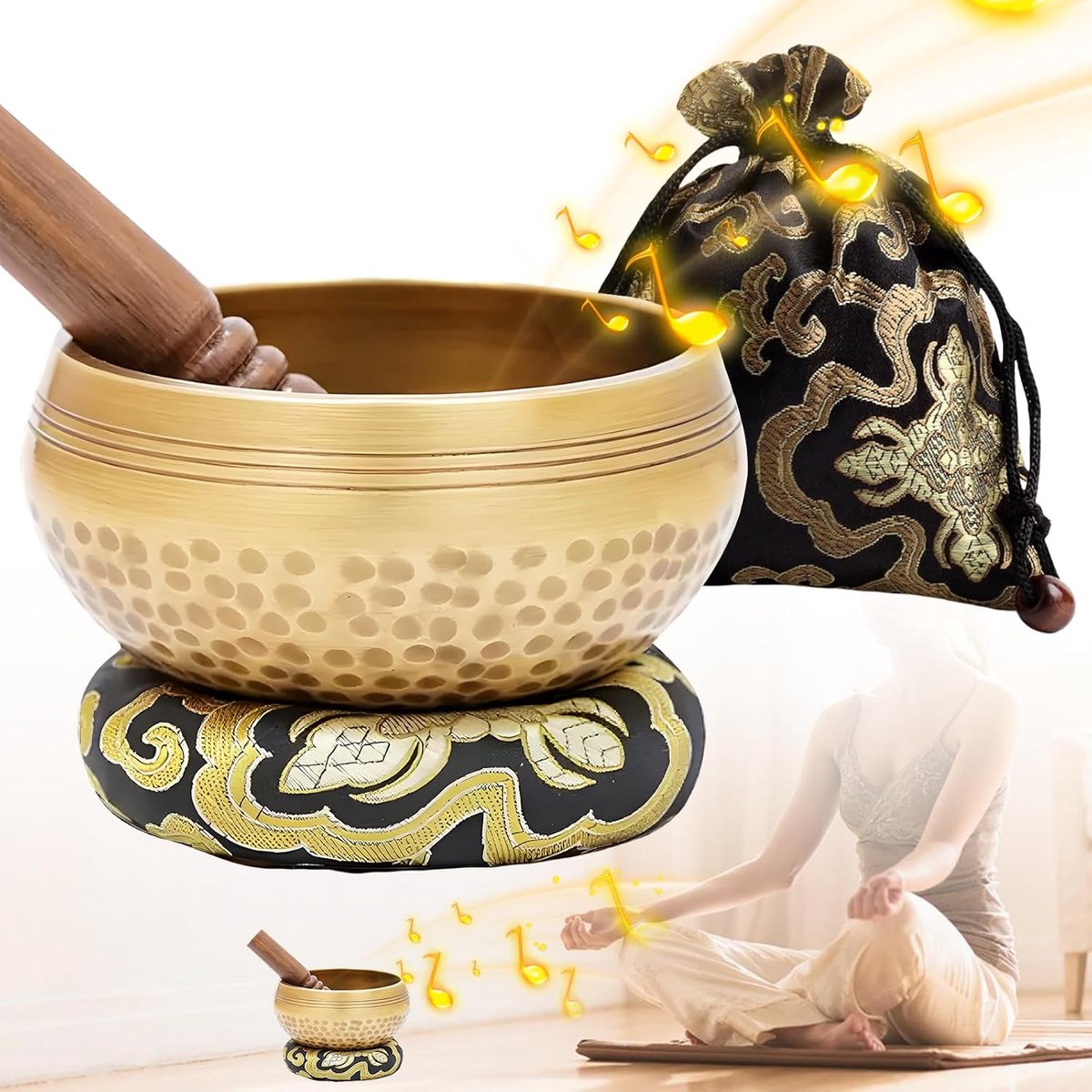 Tibetaans zingende schaal set 8 cm - handgemaakte koperen schaal - met kussen en opbergzak - ideaal voor meditatie - ShopVlot