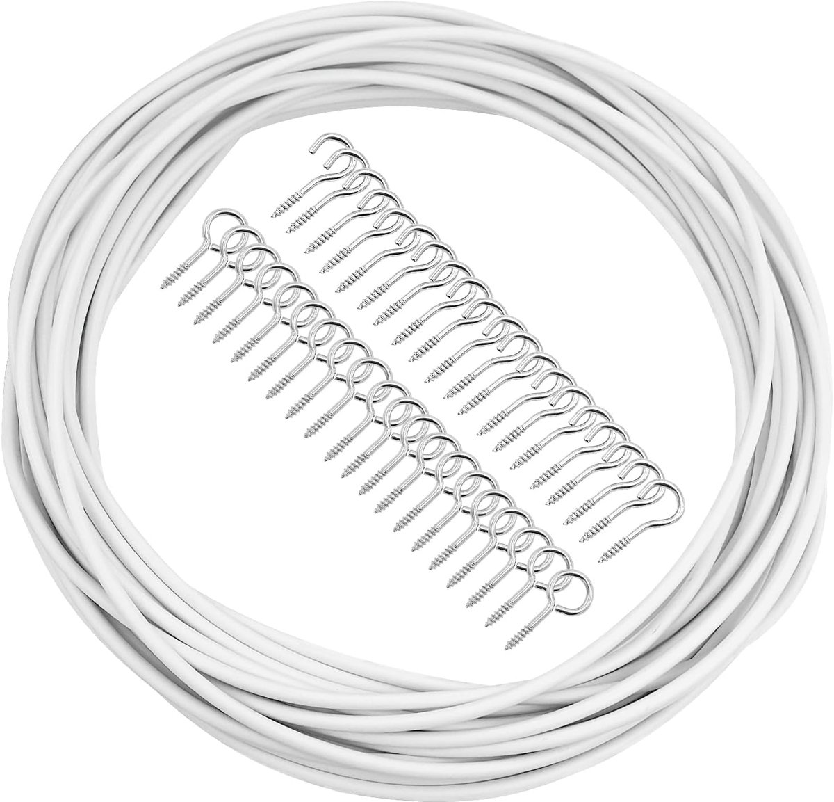 Gordijnkoord 10 Meter Wit - Kunststof Gecoat - Inclusief 20 Haakjes en 20 Oogjes - Ideaal voor Gordijnstangen - ShopVlot