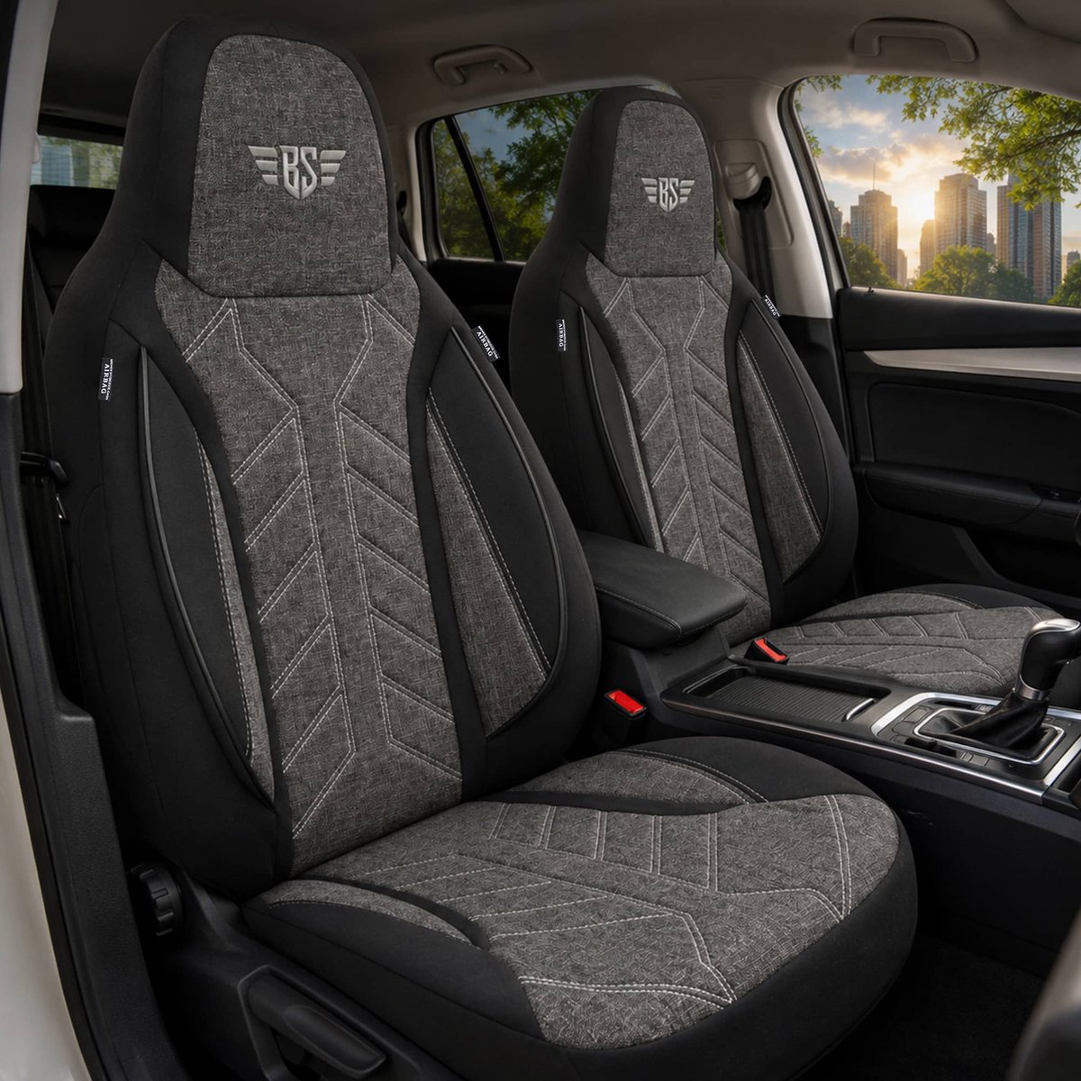 Autostoelhoezen voor Suzuki Swift BJ vanaf 2017 – Stoelhoezen voor bestuurder en passagier in Zwart/Antraciet
