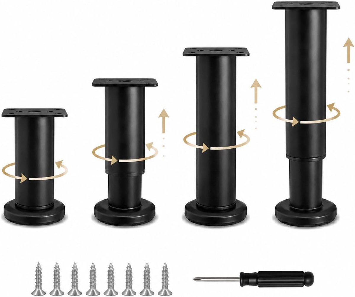 Meubelpoten verstelbaar 8-12 cm - zwart staal - kras- en corrosiebestendig - ideaal voor meubels - ShopVlot