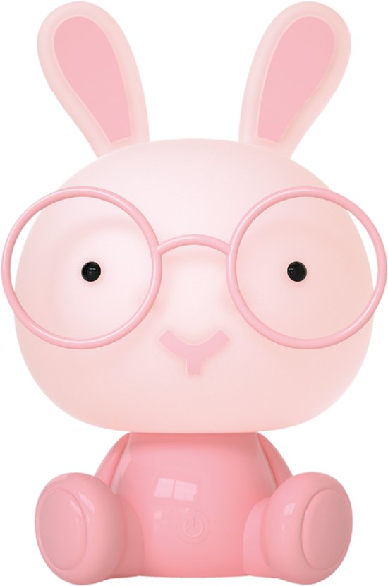 Lampe lapin rose avec lunettes, sur fond blanc.