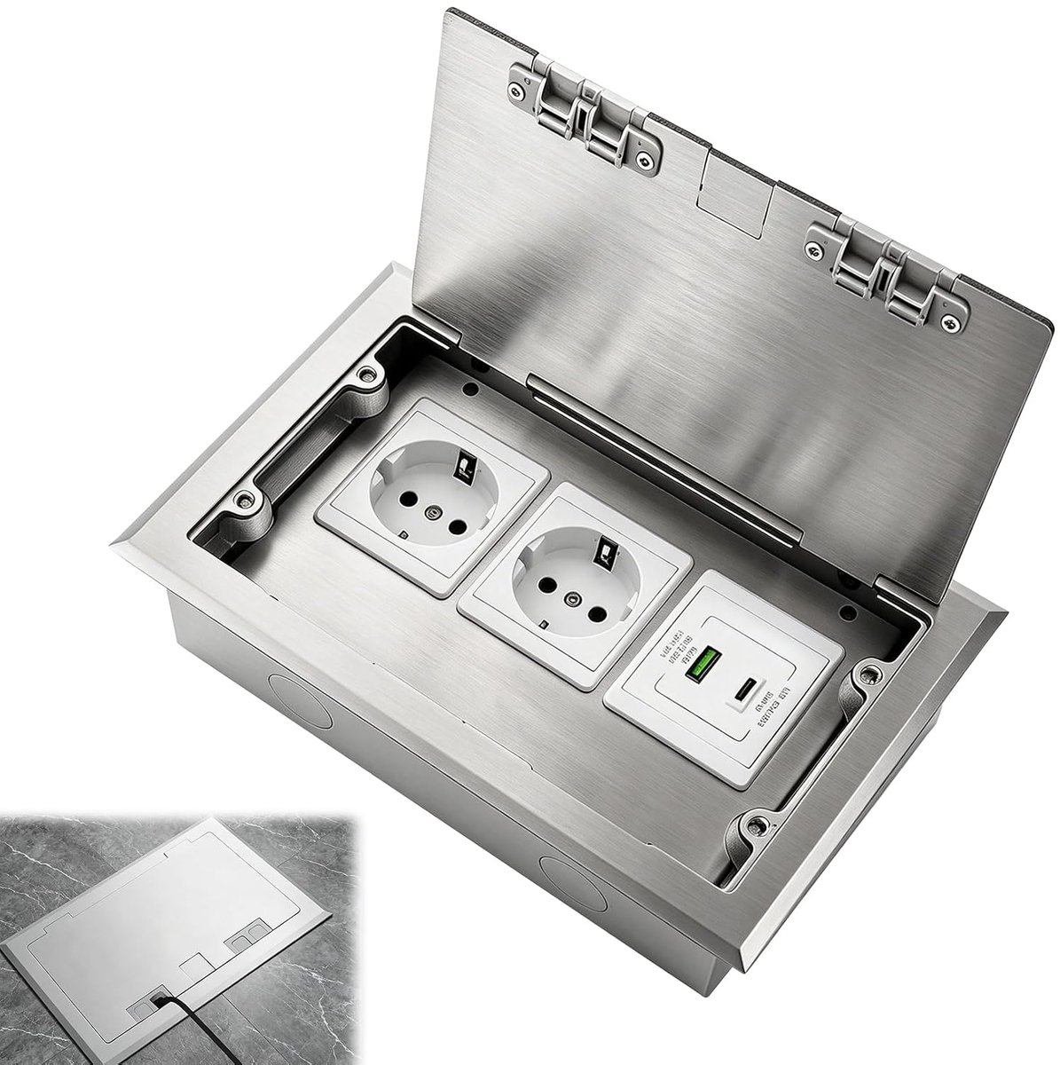 Vloerstopcontact 16 A 4000 W - RVS inbouwset - 2 AC-stopcontacten en 1 USB-A en 1 USB-C - ShopVlot