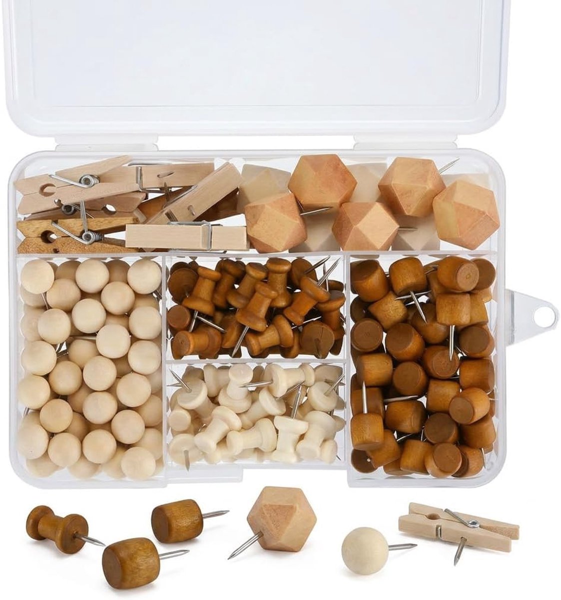 Houten punaises 200 stuks - ronde kopspelden - opbergdoos - ideaal voor prikborden - ShopVlot