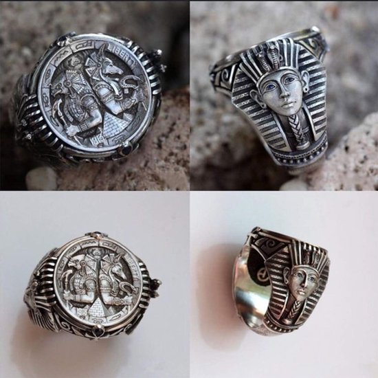 Stalen herenring, oude Egyptische farao piramide ring, beschermengel Anubis amulet ring, gegalvaniseerd zilver, 7-11 — afbeelding 3