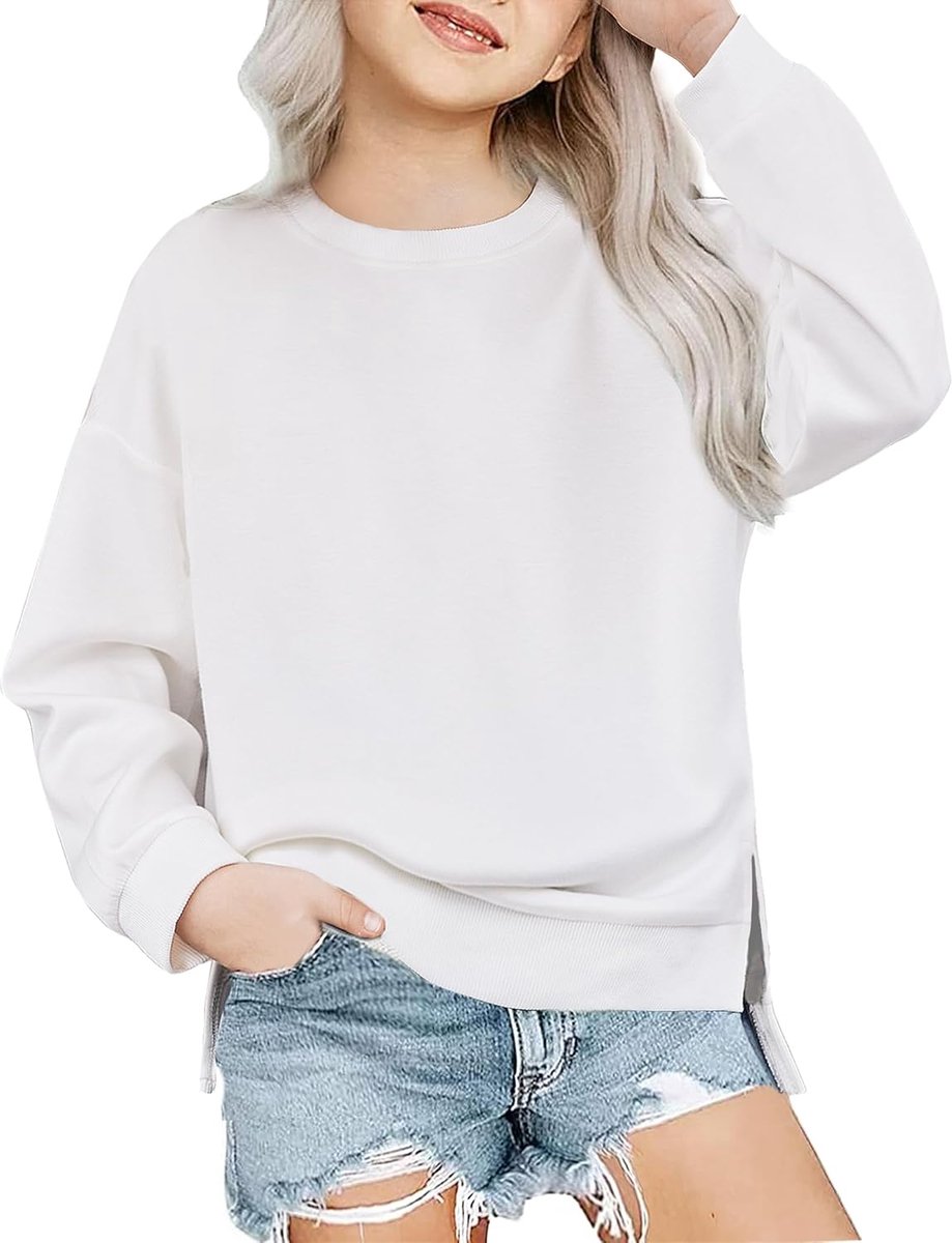 Sweatshirt voor meisjes, Ultracomfortable Herfst Winter Ronde Hals Effen Kleur Trui Casual Mode Sport Lange Mouw Shirts voor Kinderen 5-14 Jaar
