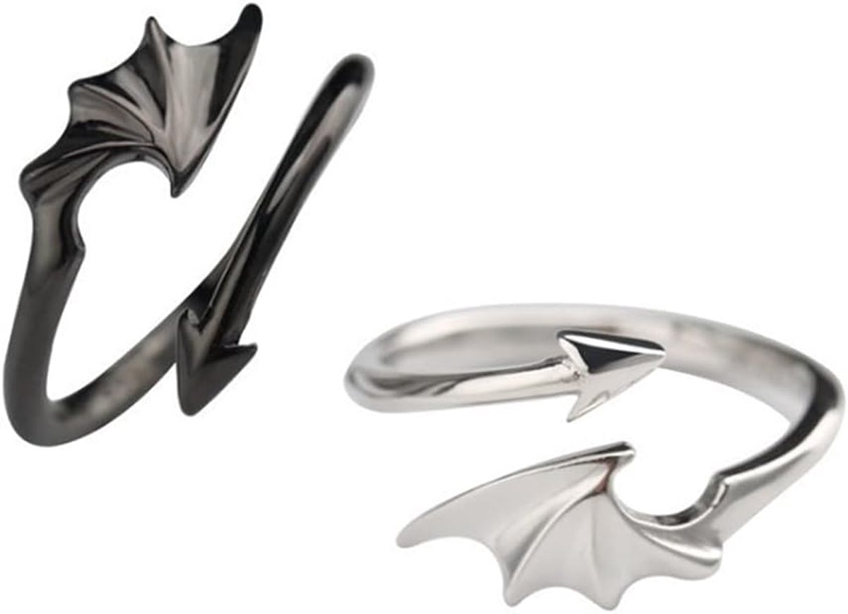 Ringen voor koppels Mode engel duivel open staartring Verstelbaar zwart zilver Uitbreidbaar drakenvleugel pijlring Belofte huwelijkscadeau voor hem en haar