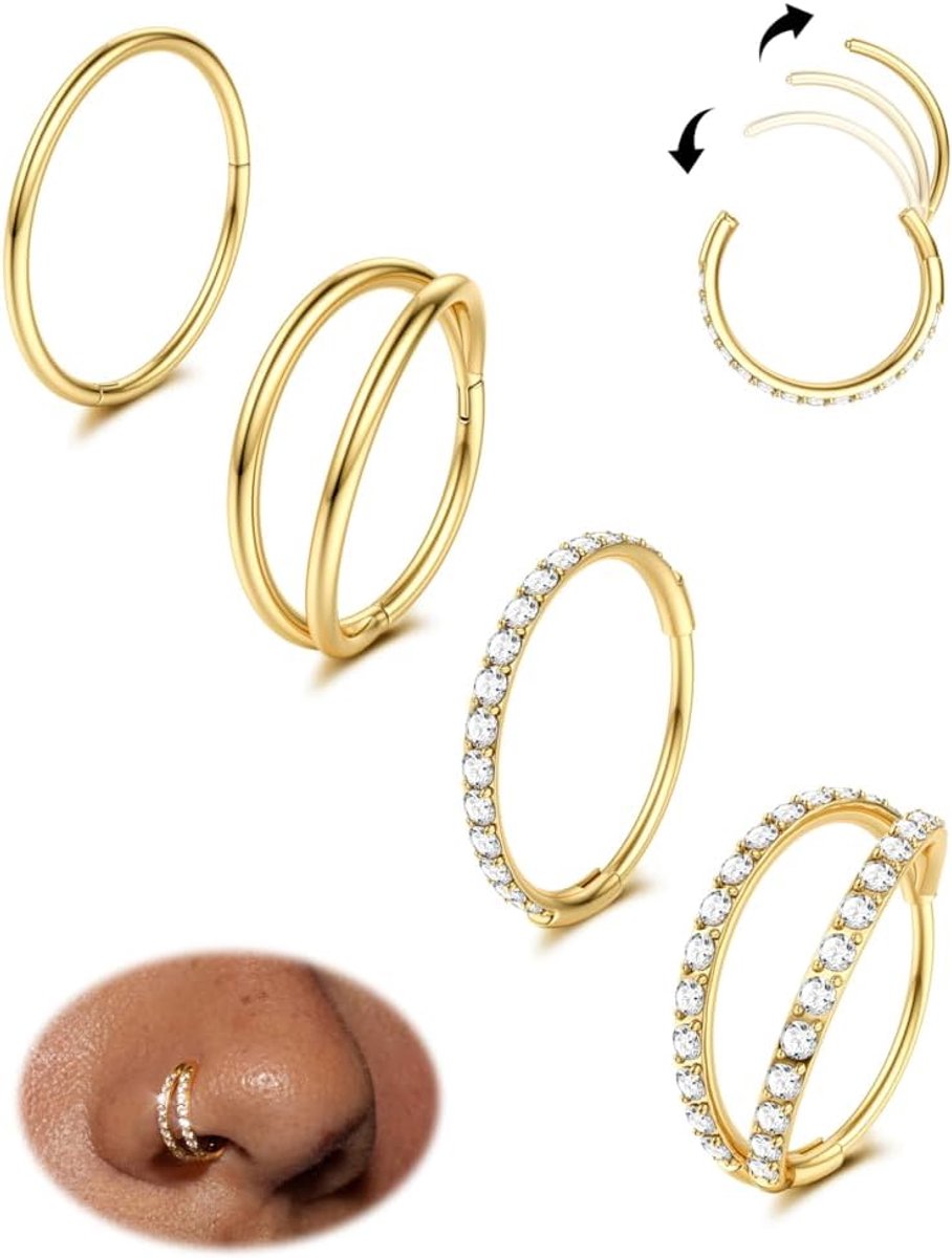 4 stuks neusring, septumring, clicker, neusring, roestvrij staal, septumpiercing, sieraden, daith piercing, hoepel voor dames en heren, goud, 20G 10 mm