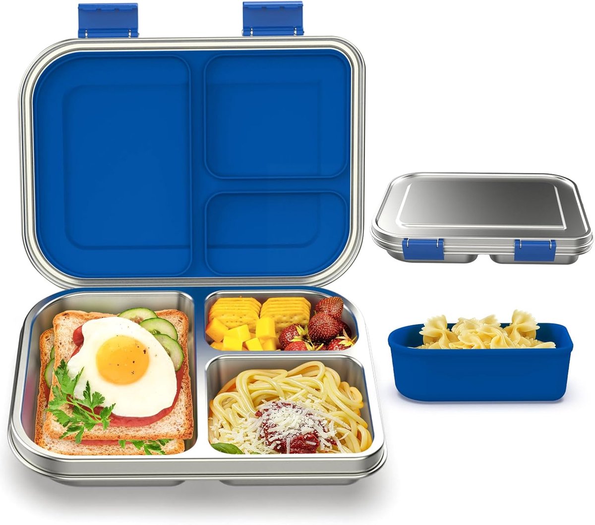 Lunchbox, lunchbox voor kinderen, metalen bento lunchbox, lekvrij, 3 vakken met siliconen houder, vaatwasmachinebestendig, kindvriendelijk design voor school, picknick en reizen