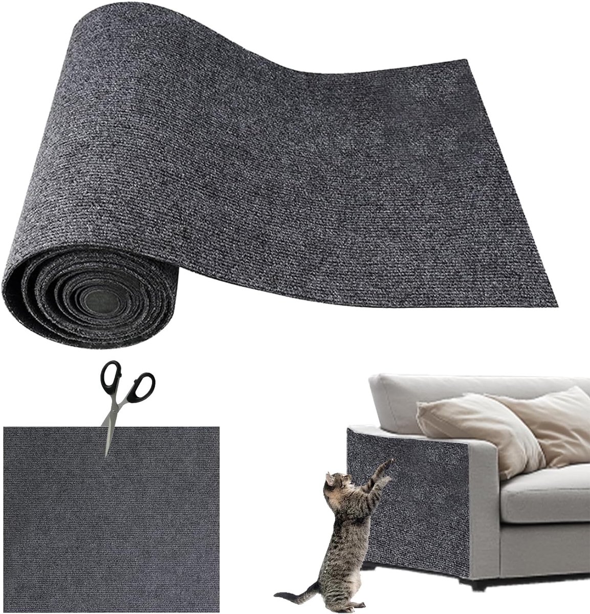 300cmx40cm Zelfklevende Krabmat, DIY Krabplank, Vrij Op Maat te Knippen, Krabbescherming Bank voor Katten, Meubelbescherming Kattenkrabmat voor Krabpaal, Kattenmeubels, Muren (Donkergrijs)