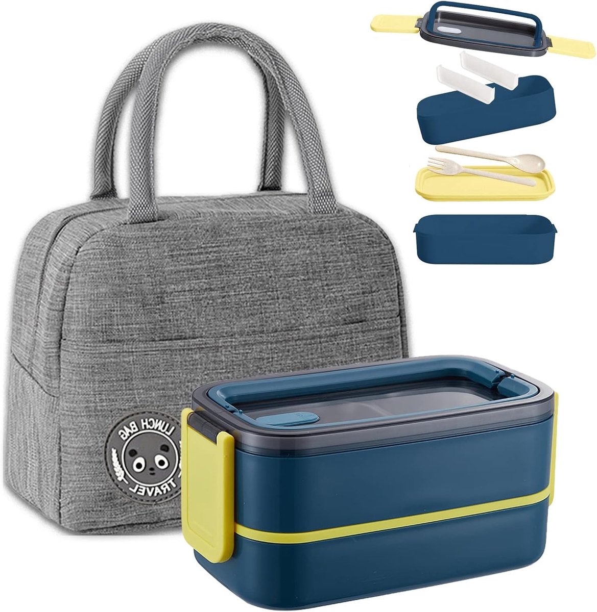 Bento Lunchbox, 1400 ml, dubbellaags, lunchbox met bestek en koeltas, luchtdicht, bento-boxen voor picknick, werk, snacks, bento box voor magnetron (donkerblauw