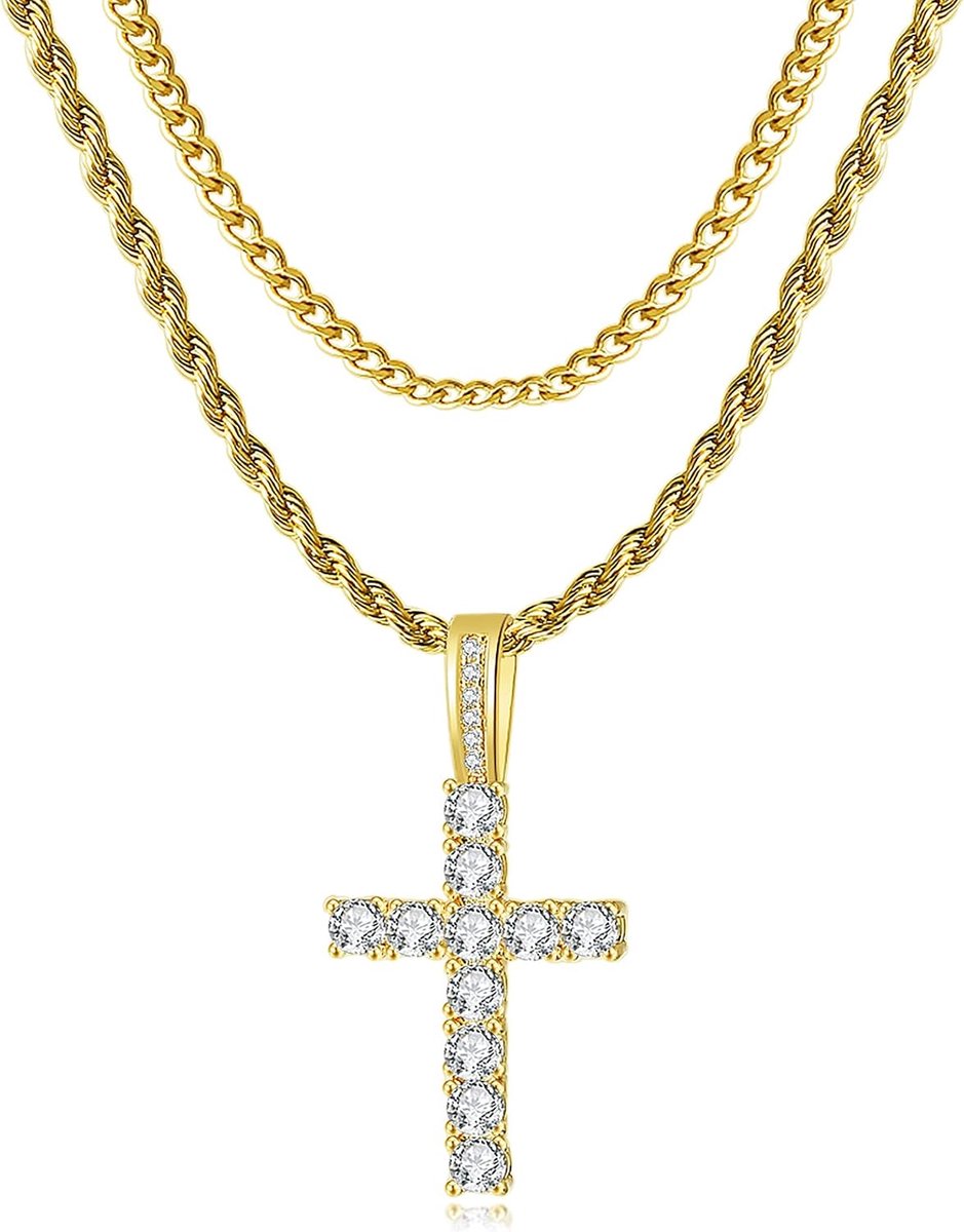 Kruis Ketting voor Mannen 14K Goud Verzilverd Solid Iced Out 5A+ Cubic Zirconia Roestvrij Staal Cubaanse Link touw Gelaagde Kettingen 16-24 Inch Grote Kruis Diamant Hanger Nceklace Sieraden