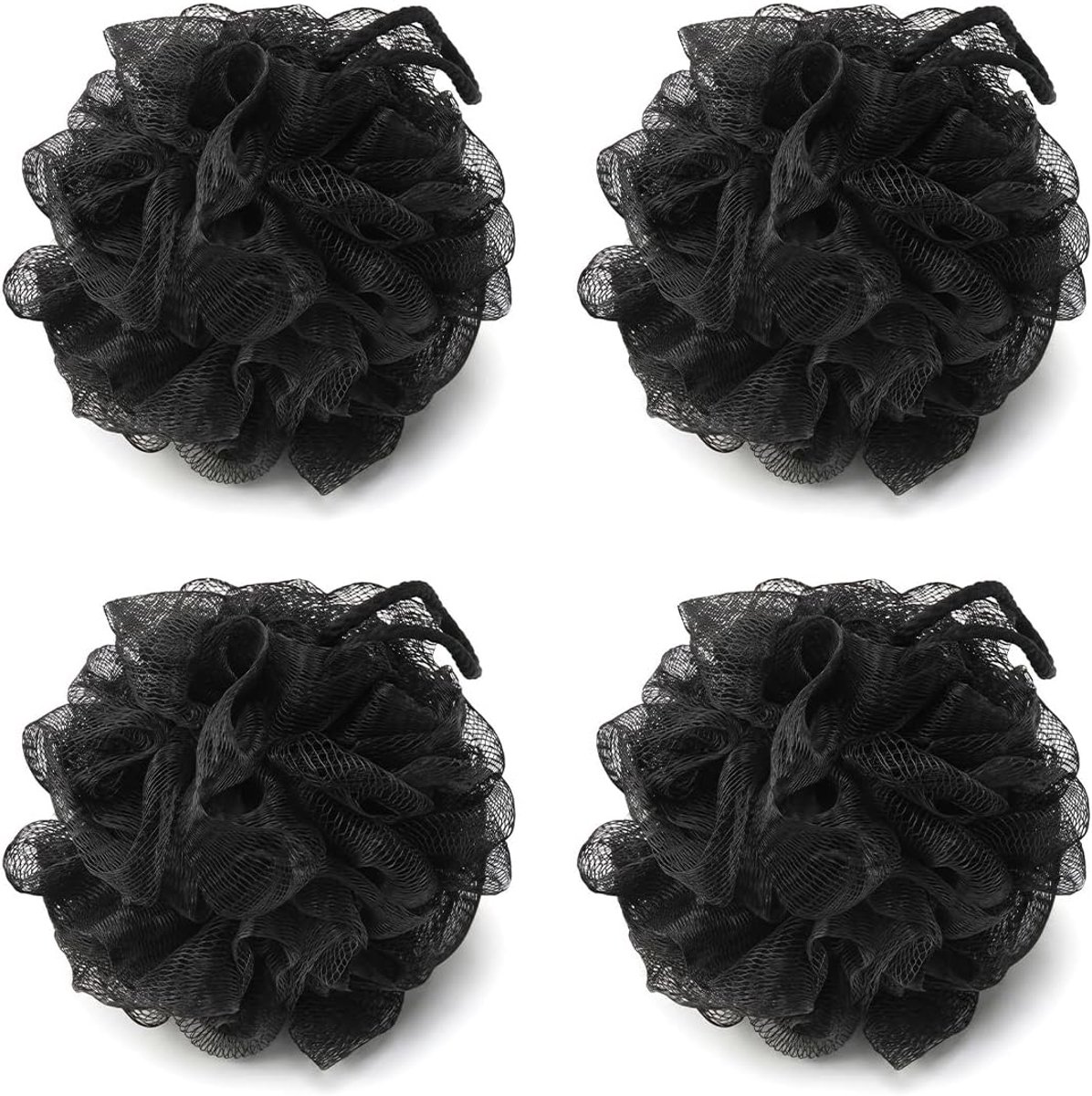 4 Stuks Zwart Douche Bladerdeeg, Ophangring Loofah-Sponsset | Unisex Schuimende Spons, Gaas Netpoef Loofah voor het Scrubben, Reinigen en Kalmeren Van de Huid voor Thuis,Hotels en Op Reis
