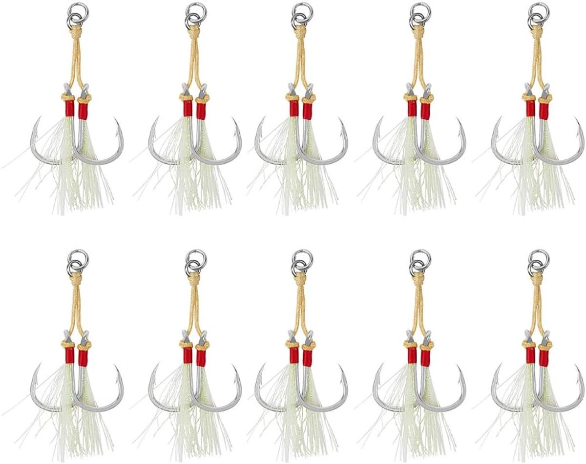 Haken, 10 STKS Dubbele Jigging Vervanging Haken Assist Jigs Haak met Glow Kwastje voor Zeevissen