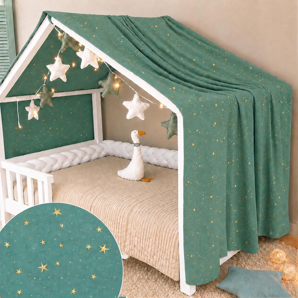 Beddoek Hut, hemel, hut 70 x 140 of 80 x 160 cm, 100% katoenen chiffon, met slinger (eucalyptusslinger, 130 x 320 cm)