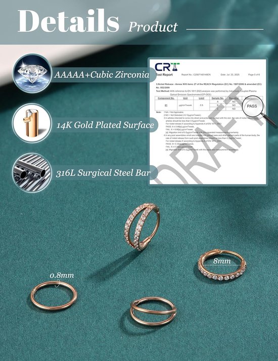 Ringen 18G, Neusring Roestvrij Staal, Helix Ringen, Daith Rings, Septum Ringen, Conch Ring, Rook Rings, Nose Ring Piercing voor Dames Heren Goud Zilver Kleur 8 mm 10 mm — afbeelding 3