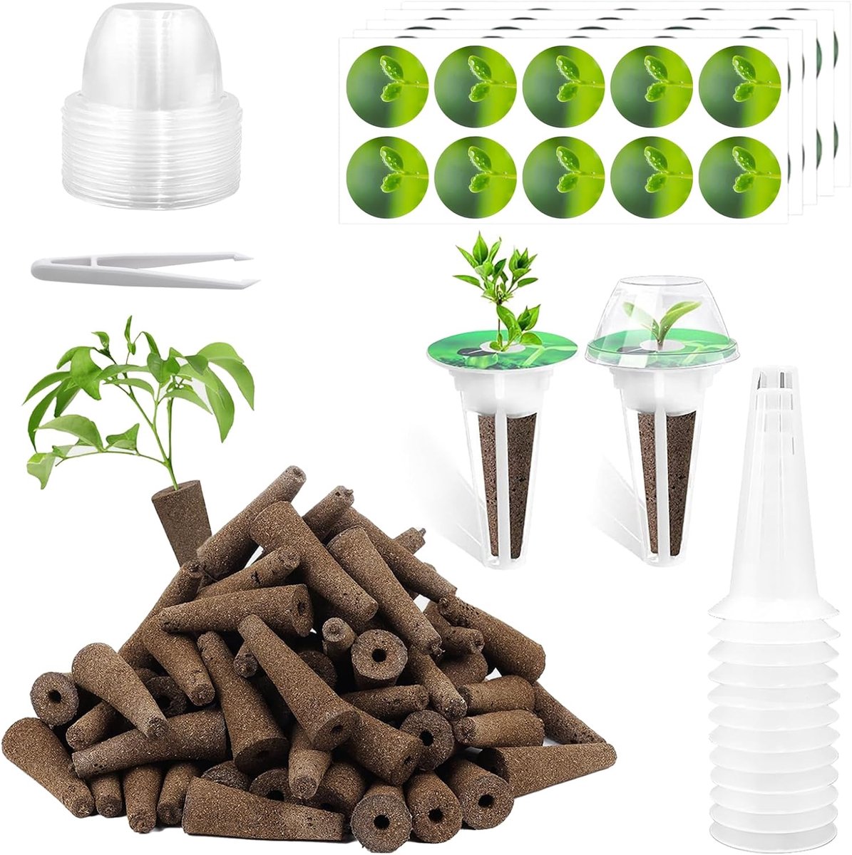 125 stuks groeisponzen hydrocultuur, hydrocultuur systeemaccessoires met 50 stuks vervangende kweeksponzen, 50 etiketten, 12 isolerende deksels, 12 plantenmanden, 1 pincet voor binnen, tuin en