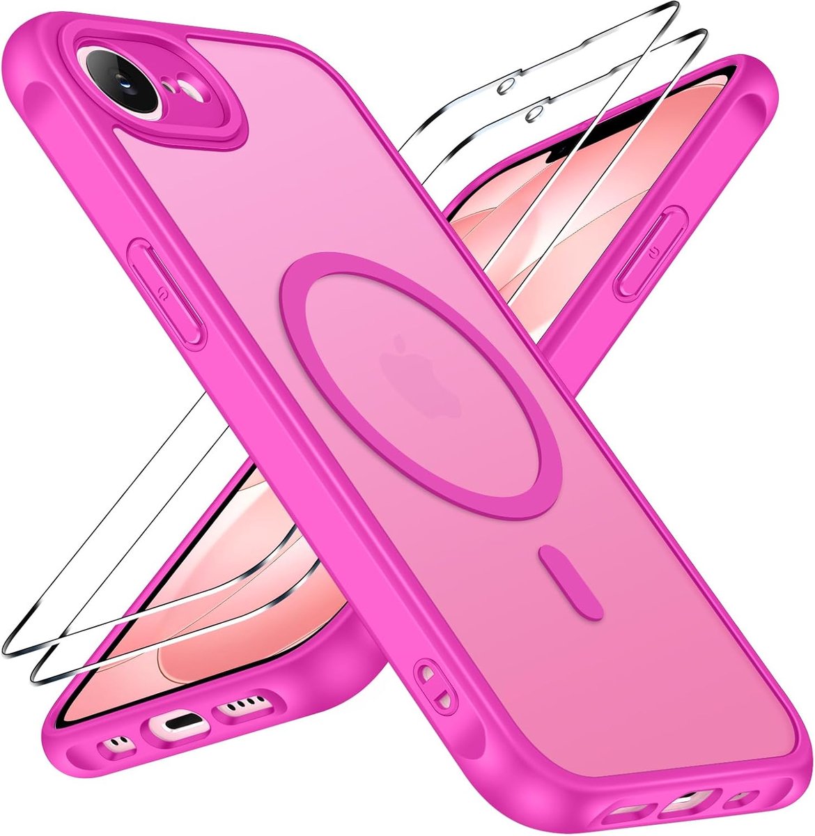 Ivoler hoesje voor iPhone 17e / 16e met 2 gehard glazen schermbeschermers, [compatibel met MagSafe] [valbescherming van militaire kwaliteit] schokbestendig, siliconen, Framboosrood