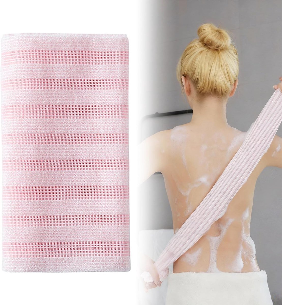 Scrubhanddoek voor Douche, Lange Antibacteriële Exfoliërende Handdoek voor Dames Heren, Lichaamsreiniging en Dode Huid Verwijderen (Roze Strepen), 1 Stuk