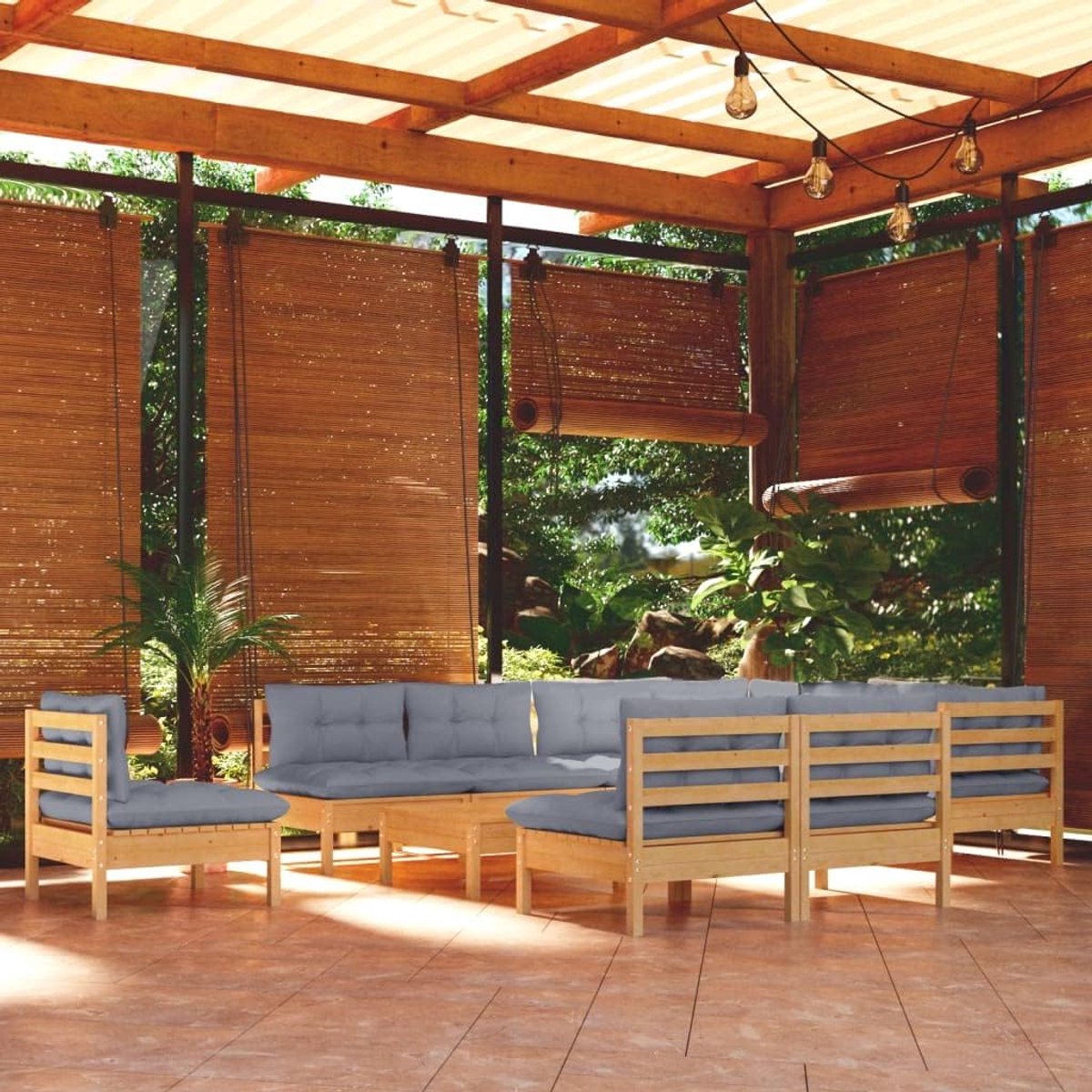 Tuinloungeset 11-delig - Massief grenenhout - Grijze kussens - Ontspannend meubel voor in de tuin - SnelShoppen