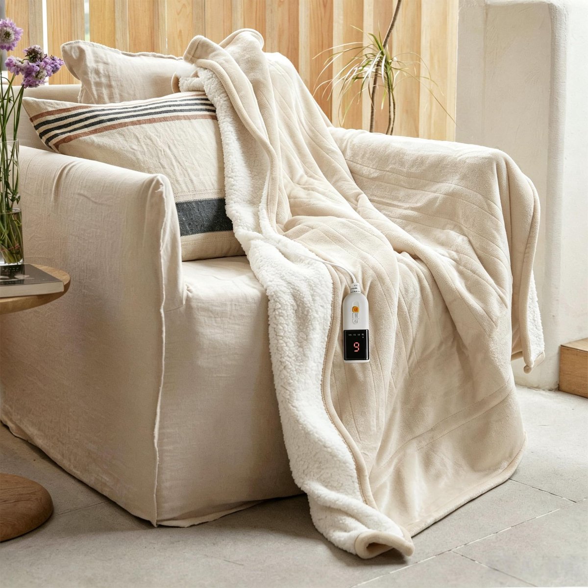 Elektrische deken 130x180cm - flanel en sherpa - beige - ideaal voor warme nachten - SnelShoppen
