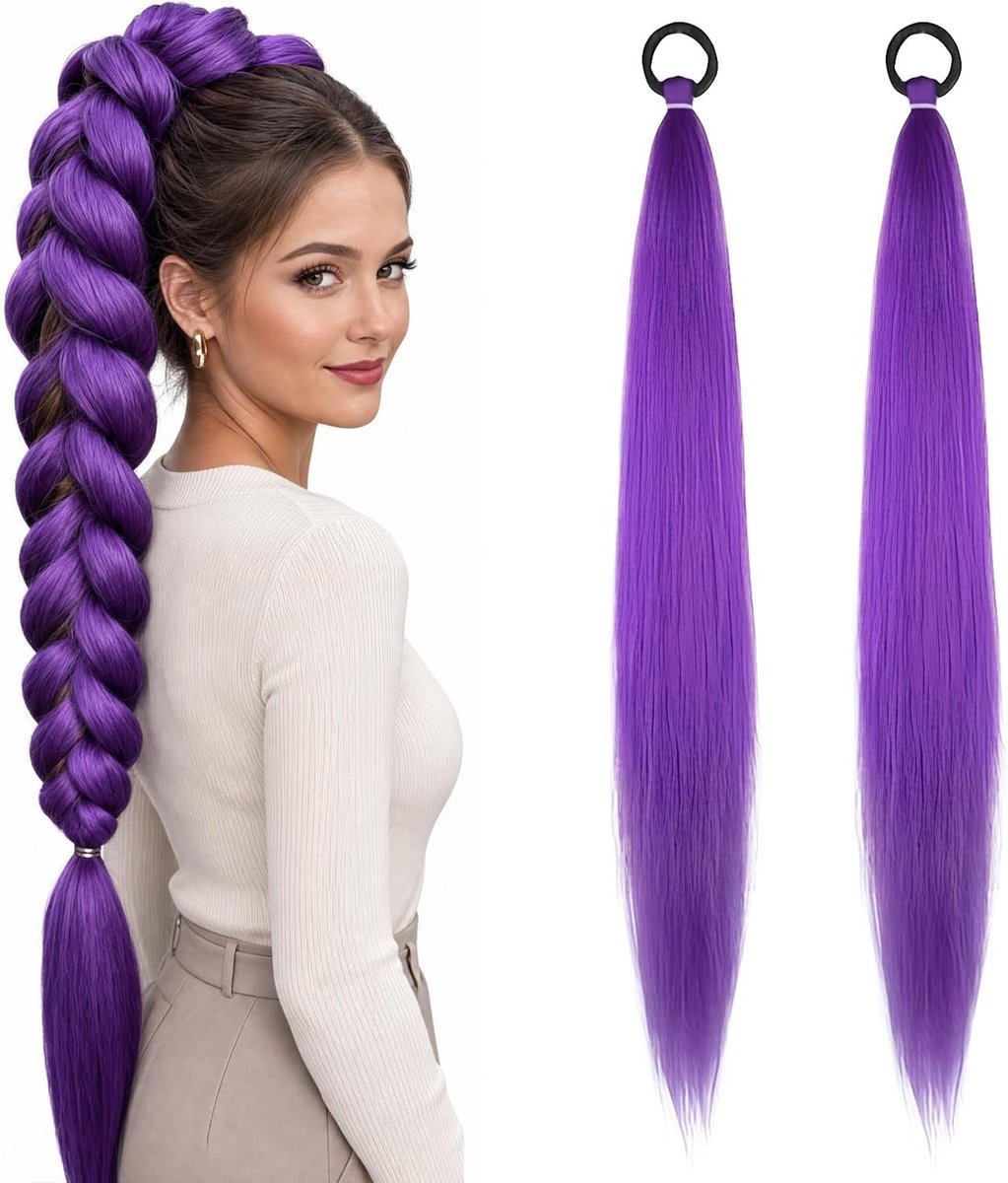 2 stuks Paarse Haarverlengingen | 66 cm Stevige Vlechten voor Dames en Meisjes | Paarse Pruik voor Cosplay, Feest en Dagelijks Gebruik