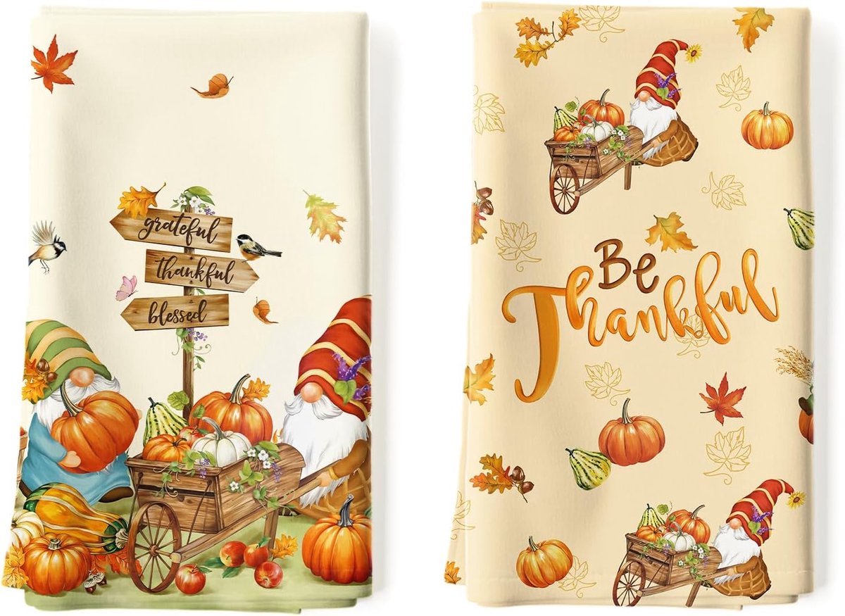 Keukenhanddoeken 2Pcs - 100% Katoen - Herfst Gnome Pompoen - Absorberend voor in de Keuken - ShopVlot